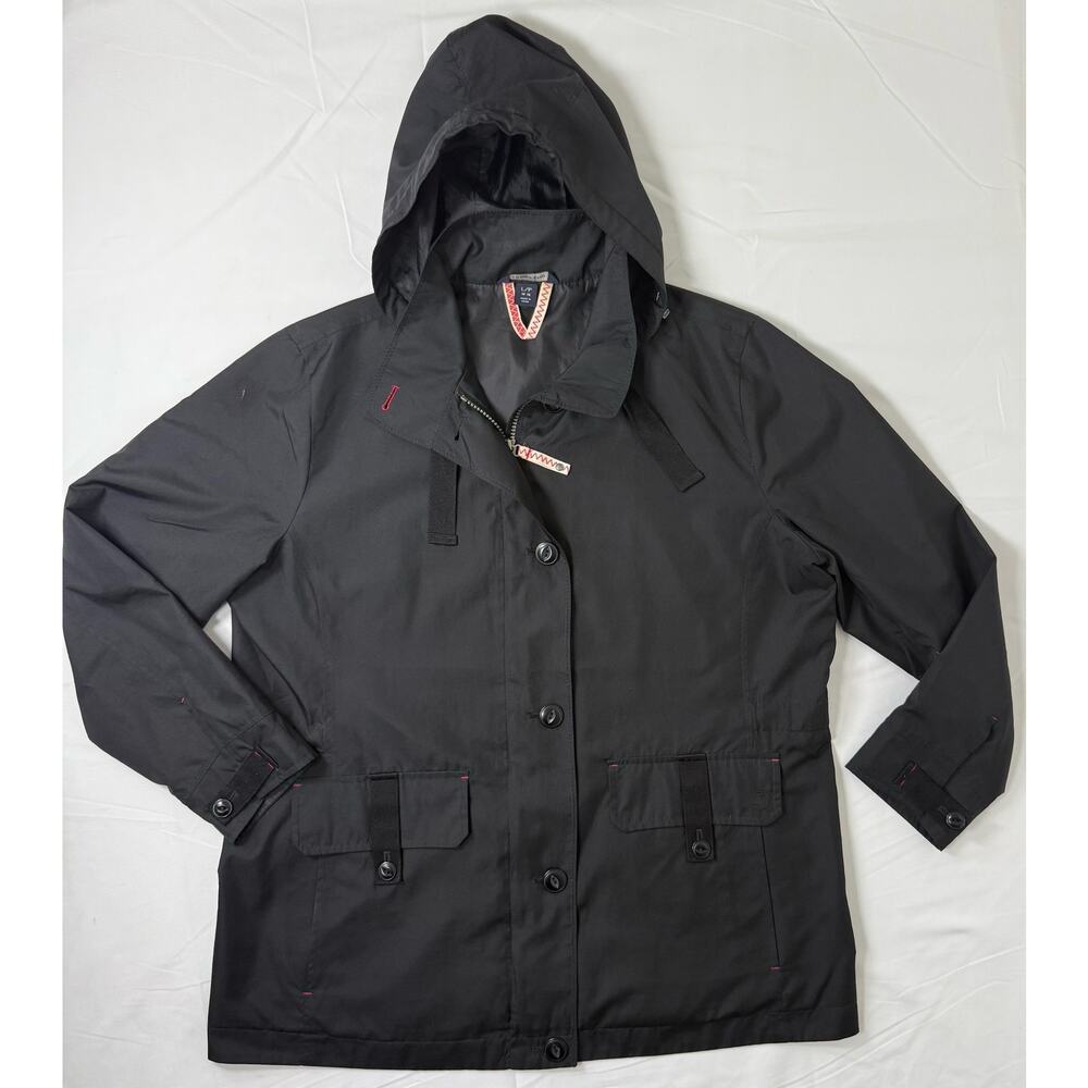 Lands' End Windbreaker Rain Coat Hood Mid-length Sz Large 14-16 Petite Black